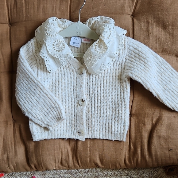 Zara Ivory Knit Cardigan with Eyelet Collar Wool Blend - Picture 1 of 7